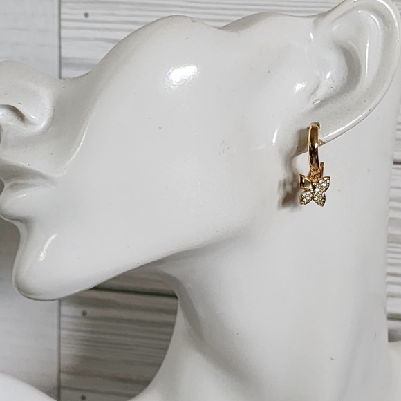 Gold Filled Huggie Hoop Earrings Pave Butterfly Charm - Picture 7 of 8